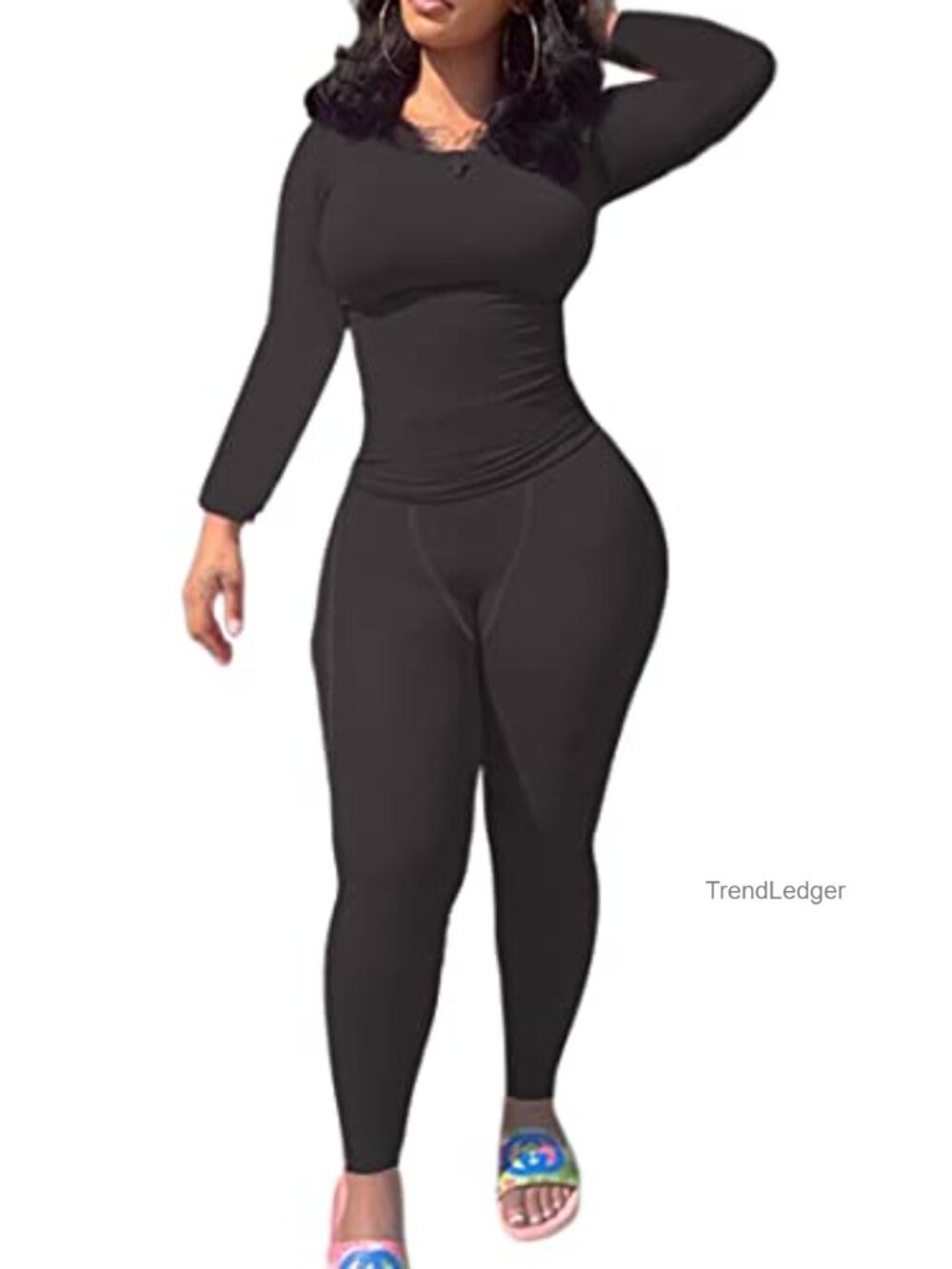 Ribbed Knit 2 Piece Set Long Sleeve Crop Top High Waist Leggings